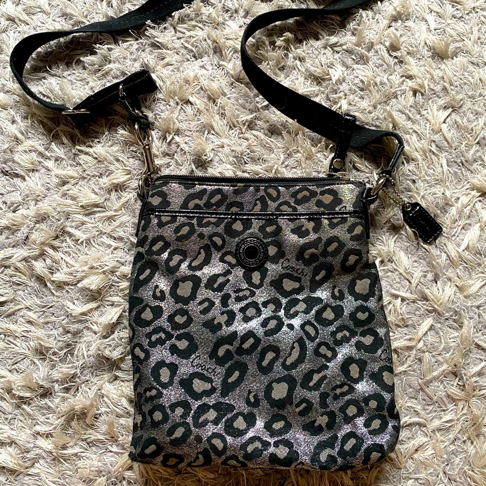 Coach black leopard crossbody purse